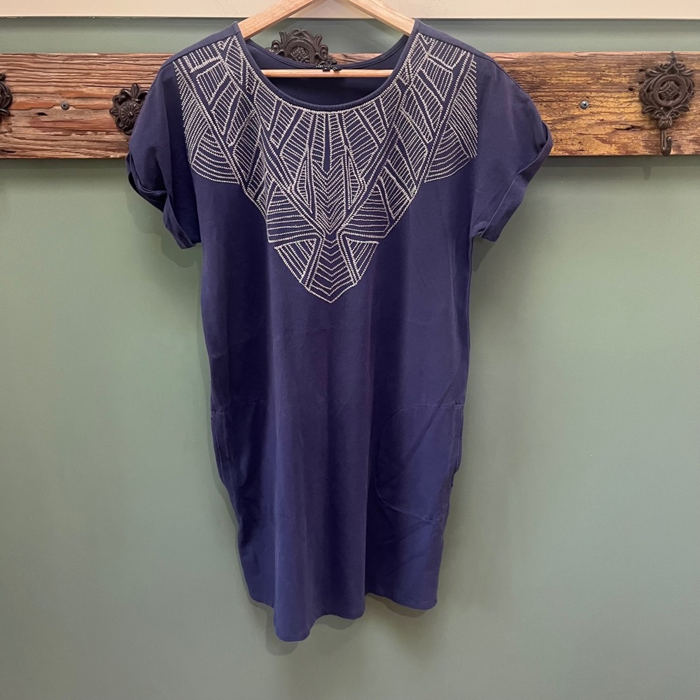 Nic+Zoe Navy Blue Embroidered Bib T-Shirt Dress with Pockets Small